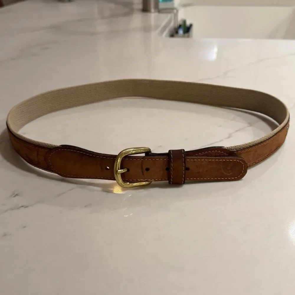Vintage Zep-Pro Size 36 Fish Embroidered Canvas Leather Belt Brass Buckle Preppy
